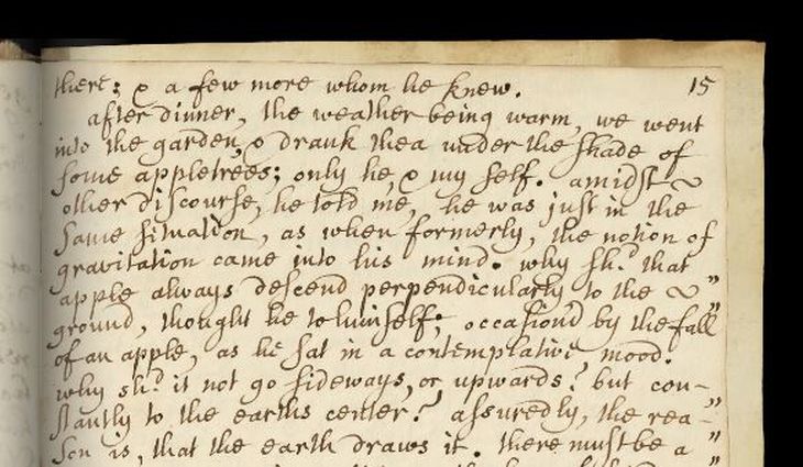 La anécdota de la manzana la relata William Stukley en sus “Memoirs of Sir Isaac Newtons Life” de 1752 (la primer “biografía” del sabio). Stukley era amigo colega y personal de Newton. La anécdota de la manzana la relata William Stukley en sus “Memoirs of Sir Isaac Newtons Life” de 1752 (la primer “biografía” del sabio). Stukley era amigo colega y personal de Newton.