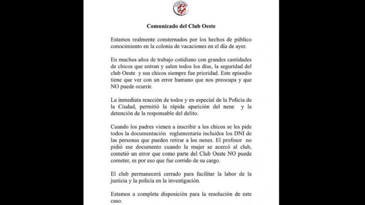 El comunicado del club