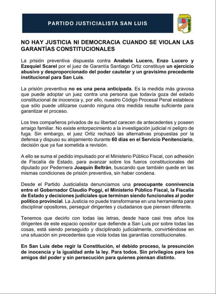 El comunicado del PJ de San Luis.