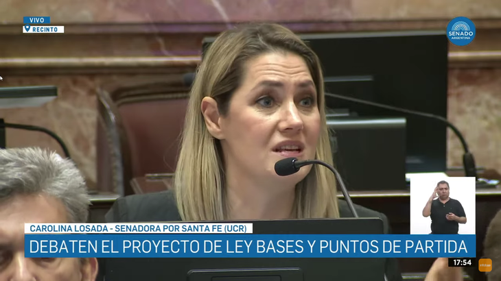 La senadora de Juntos por el Cambio, Carolina Losada, hablando durante el debate por la Ley Bases. La senadora de Juntos por el Cambio, Carolina Losada, hablando durante el debate por la Ley Bases.