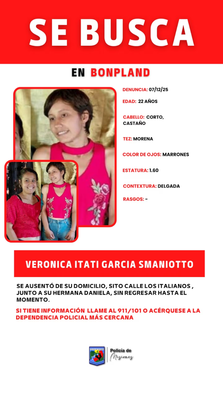 La descripción de Verónica Itatí, desaparecida desde el domingo. La descripción de Verónica Itatí, desaparecida desde el domingo.