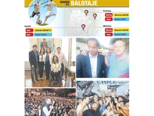 Candidatos ayer en Rosario: Daniel Scioli con el cirujano que lo atendió cuando sufrió su accidente, Federico Ambrosio. Gabriela Michetti con Mónica Fein. Mauricio Macri y Scioli ayer también en Misiones.