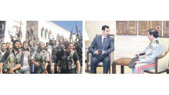 Miembros del rebelde Ejército Sirio Libre posan en la ciudad de Azaz, en la provincia de Alepo (izquierda). La TV oficial mostró al dictador Bashar al Asad junto al nuevo ministro de Defensa, de manera de rebatir las versiones de que había dejado la capital (derecha).