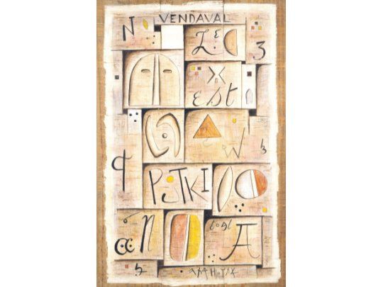 “Sin título” (1958), óleo y polvo de mármol con incisiones sobre madera, 78,5 x 48,5 cm., de Manuel Aguiar.