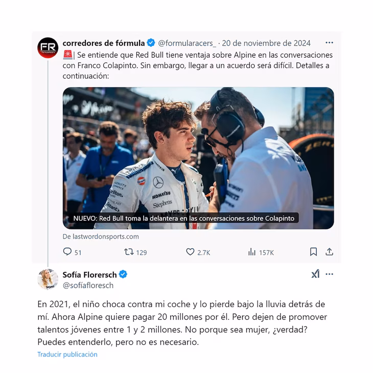 La critica de la alemana en X (EX Twitter) sobre el fichaje de Colapinto