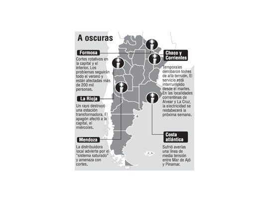 • El Nordeste comenzó 2007 sufriendo graves inconvenientes por cortes de energía eléctrica.• Formosa es la más complicada, con interrupciones rotativas que durarán todo el verano.• Corrientes, Chaco y La Rioja, también con problemas. El resto del país teme por apagones.