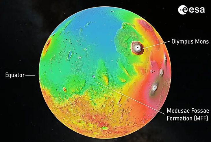 La Formación Medusae Fossae, se encuentra en la intersección de las tierras altas y bajas de Marte y es uno de los depósitos más extensos del planeta