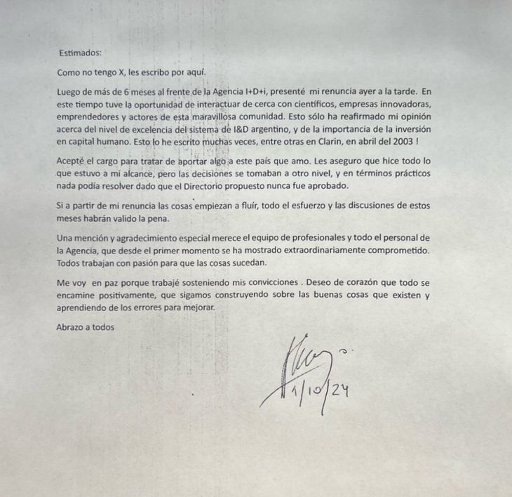 “Nothing could be resolved”: the letter from the last official ejected from the Government of Javier Milei