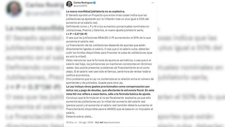 La publicación de el exasesor de Javier Milei, Carlos Rodríguez. La publicación de el exasesor de Javier Milei, Carlos Rodríguez.