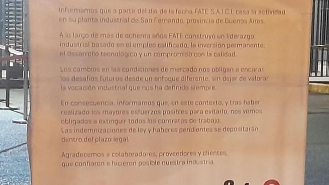 Los trabajadores de Fate relataron como les comunicaron el cierre.