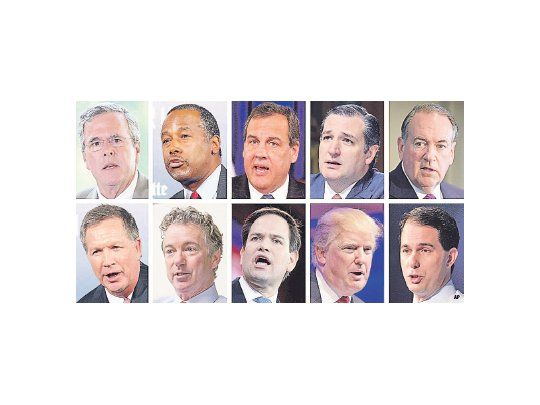 De izquierda a derecha: Jeb Bush, Ben Carson, Chris Christie, Ted Cruz, Mike Huckabee, John Kasich, Rand Paul, Marco Rubio, Donald Trump y Scott Walker. Apenas diez de un total de diecisiete que debatían anoche.