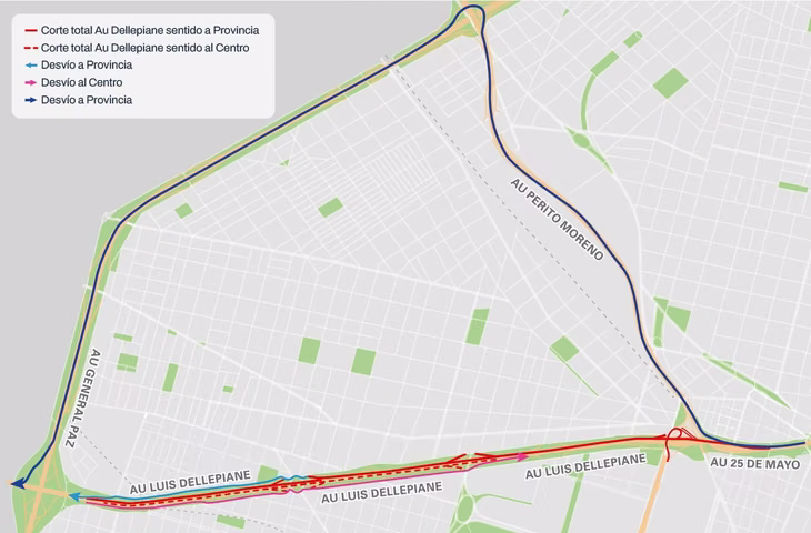 Entre las 7 y las 15 del sábado habrá desvíos hacia Perito Moreno y las colectoras Norte y Sur; desde las 15 se habilitarán algunos tramos, pero las restricciones continuarán hasta el domingo a las 7.