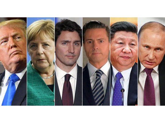 Donald Trump, Angela Merkel, Justin Trudeau, Enrique Peña Nieto, Xi Jinping y Vladimir Putin.