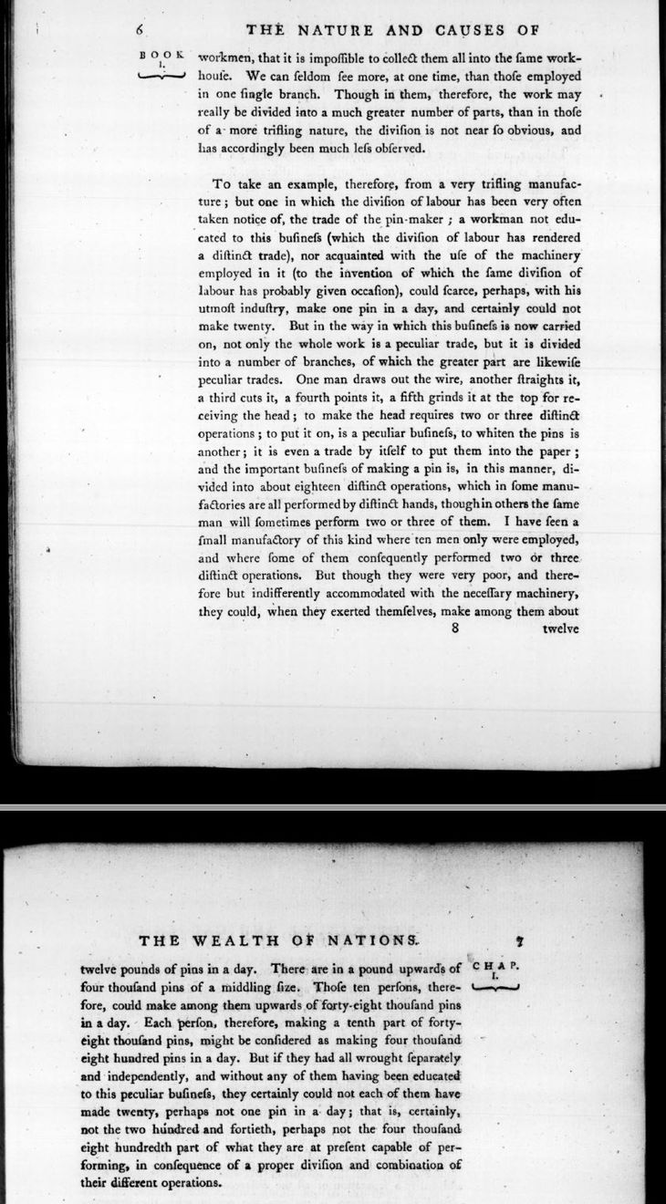 Adam Smith, el paralelismo entre su ejemplo sobre la fabrica de alfileres para explicar las ventajas de la división del trabajo y el de Jenofonte sobre los fabricantes de calzado, hoy rozaría el plagio.  
