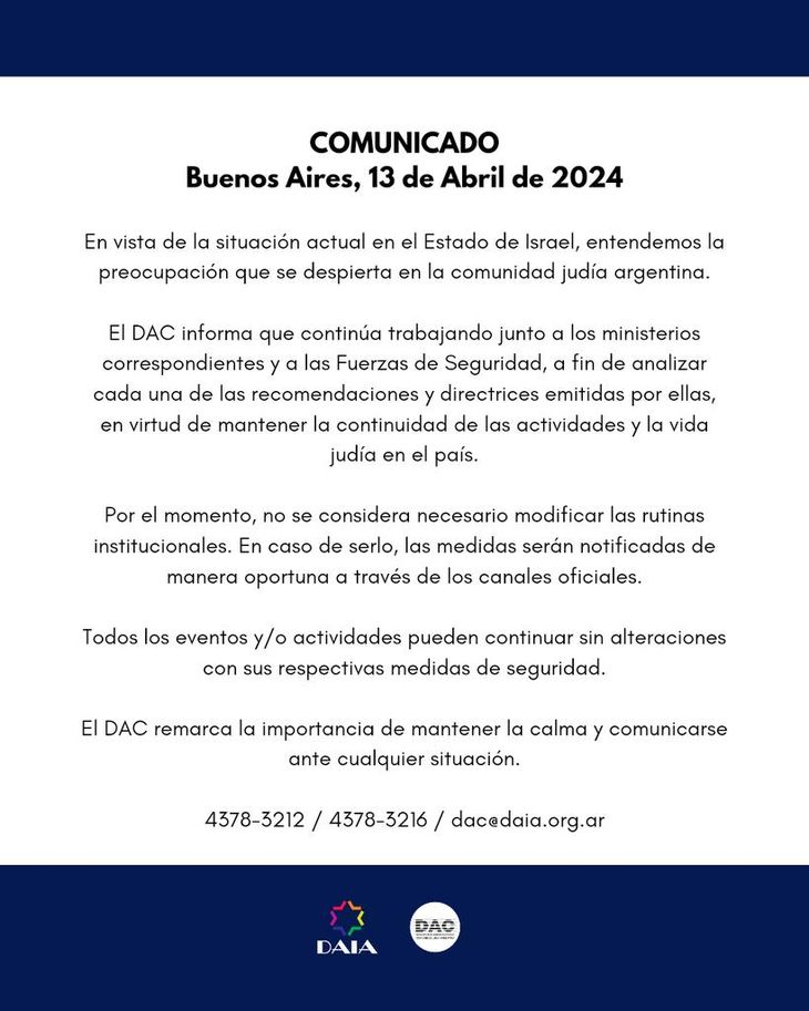 La DAIA lanzó un comunicado en las redes sociales tras el ataque sobre el Estado judío. La DAIA lanzó un comunicado en las redes sociales tras el ataque sobre el Estado judío.