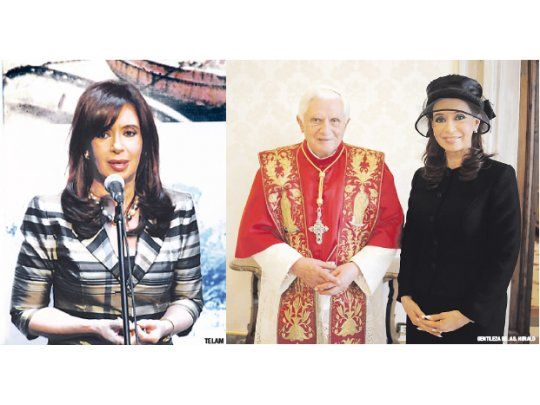 Los días previos a su viaje a Roma, Cristina de Kirchner vistió prendas con llamativos estampados a rayas y con figurasgeométricas; Para reunirse con Benedicto XVI se despojó del estilo extravagante y prefirió la sobriedad de un tailleur negro, aunque con un grotesco sombrero que le quitaba seriedad.
