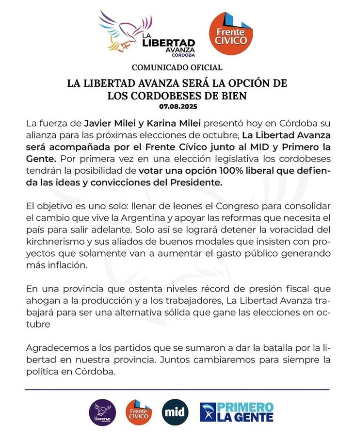 Oficial: La Libertad Avanza competirá en Córdoba. Oficial: La Libertad Avanza competirá en Córdoba.