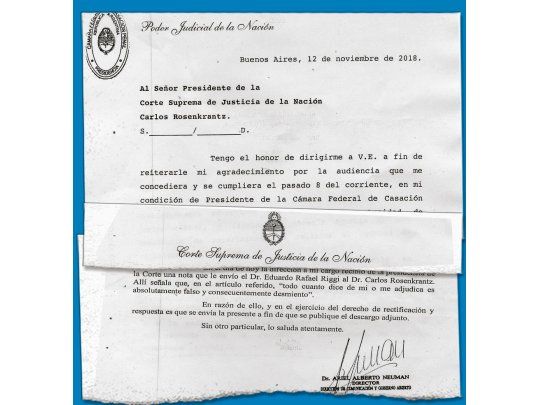 réplica. La nota de la Dirección de Comunicación de la Corte Suprema dirigida a este diario y el oficio cursado a Carlos Rosenkrantz por parte del camarista de Casación Eduardo Riggi.