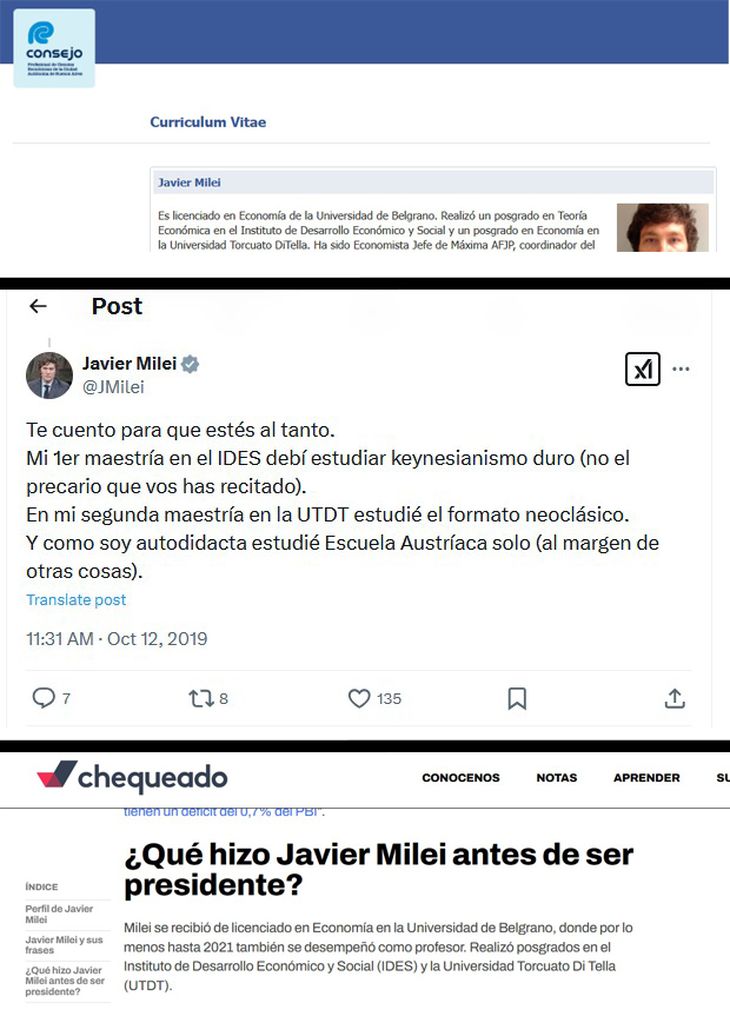 Javier Milei se define como poseedor de dos maestrías en economía, y las entidades afines lo apoyan Javier Milei se define como poseedor de dos maestrías en economía, y las entidades afines lo apoyan