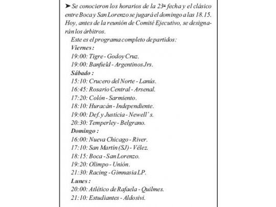 Los horarios de la 23a fecha