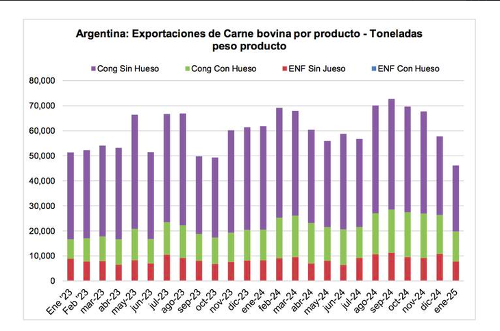 Las exportaciones de carne bovina de Argentina experimentaron un golpe significativo en enero de 2025.