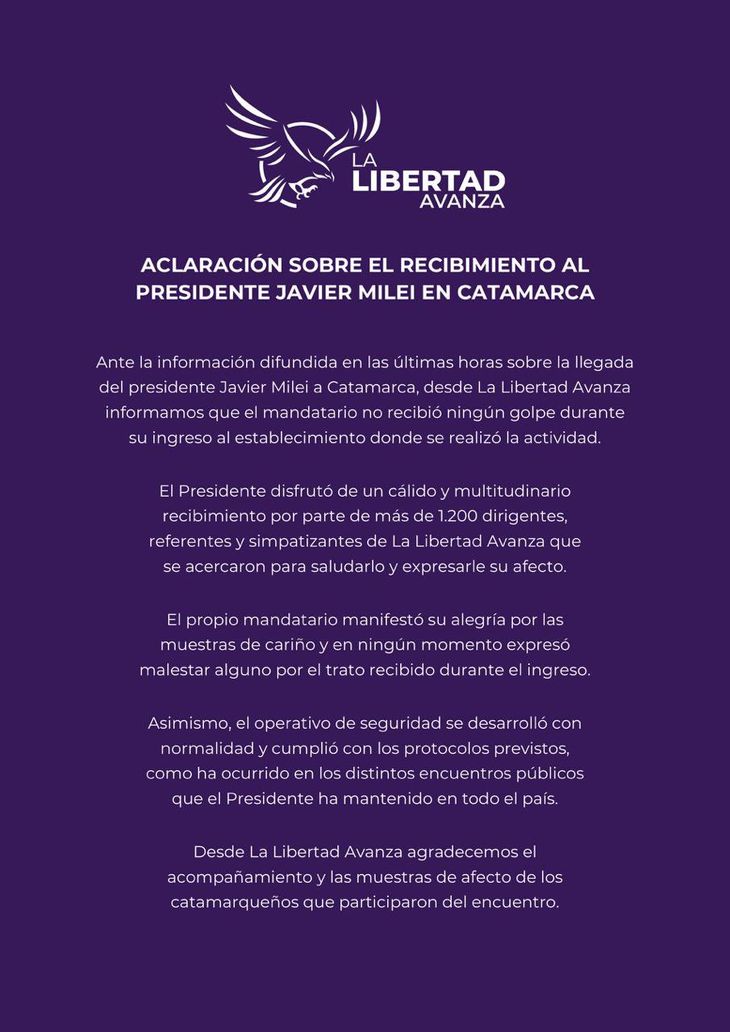 El comunicado de LLA en el que desmiente una agresión en Catamarca.