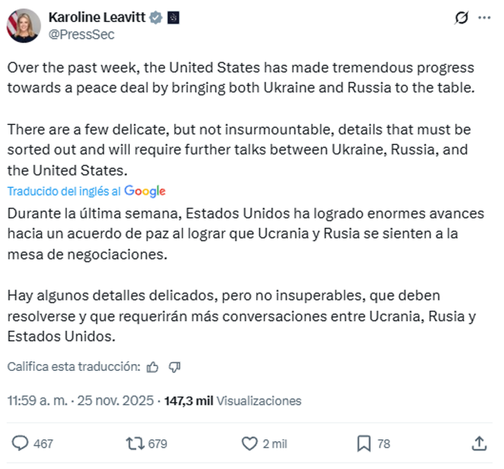 El mensaje de Leavitt en X que augura un fin a la guerra entre Rusia y Ucrania. El mensaje de Leavitt en X que augura un fin a la guerra entre Rusia y Ucrania.