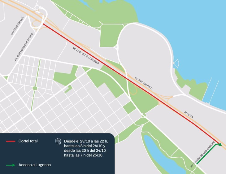 Durante el resto del fin de semana habrá reducción de calzada; como alternativa, se podrá circular por avenida Del Libertador y retomar Lugones–Illia por los accesos de Ombúes o Dorrego.