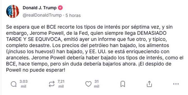 El mensaje publicado por Donald Trump en Truth Social contra Jerome Powell. El mensaje publicado por Donald Trump en Truth Social contra Jerome Powell.