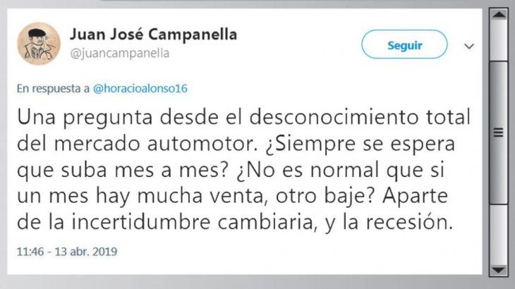 REFLEXIÓN. El cineasta Juan José Campanella planteó en un tuit si es lógico esperar un crecimiento permanente de las ventas de autos.