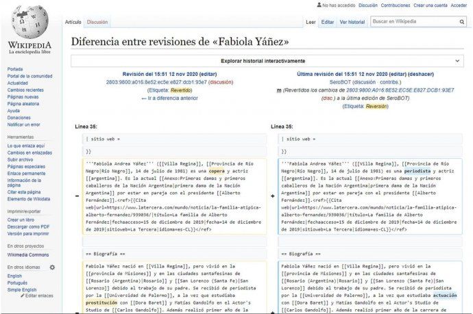 Algunas de las modificaciones que se hicieron en Wikipedia en el perfil de Fabiola Yañez.