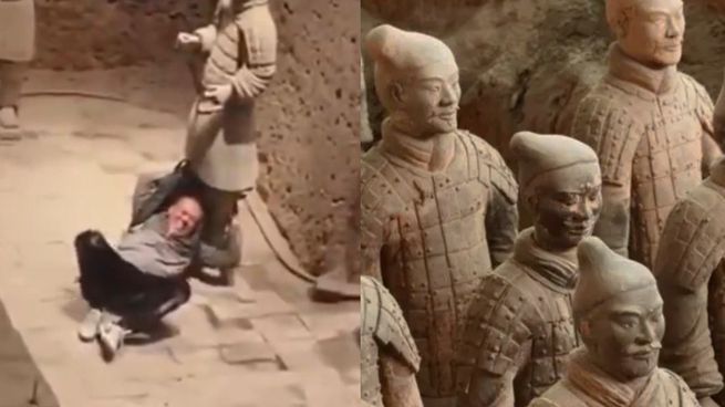 Una de las estatuas milenarias afectadas tras la caída del turista británico que invadió el área restringida del ejército de terracota.