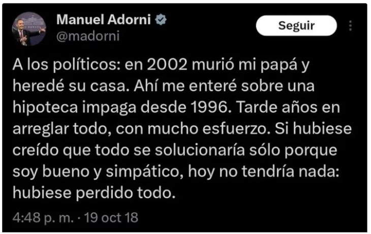 El tuit de Adorni sobre la hipoteca del departamento en La Plata. El tuit de Adorni sobre la hipoteca del departamento en La Plata.