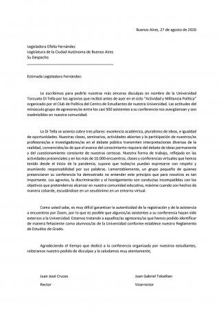 Carta de disculpas de la Universidad.