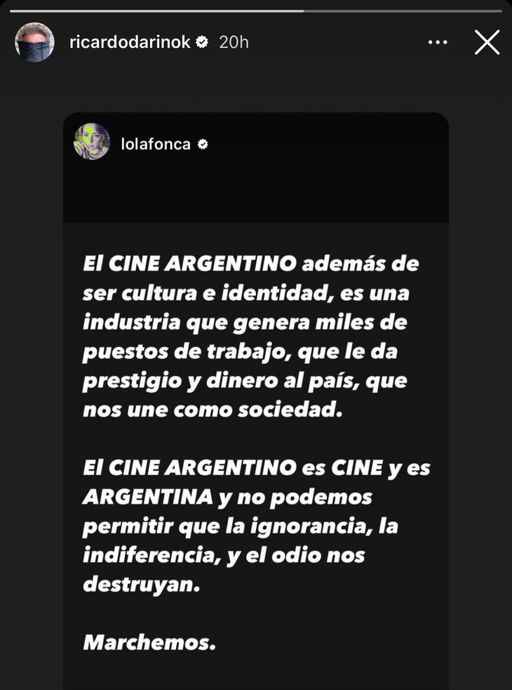Ricardo Darín shared Dolores Fonzi's message on social networks about the closure of the INCAA. Ricardo Darín shared Dolores Fonzi's message on social networks about the closure of the INCAA.