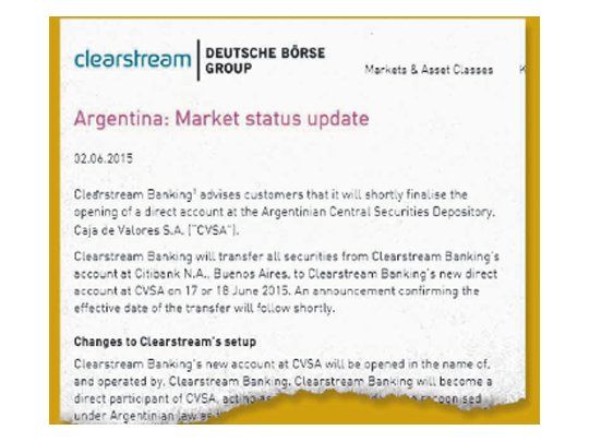 La Argentina logró aval clave contra buitres: Clearstream