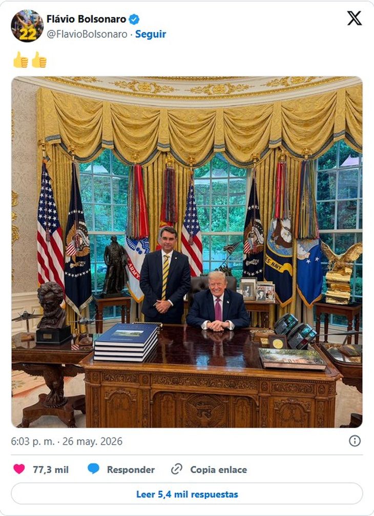 Flavio Bolsonaro y Donald Trump en la Casa Blanca, mayo de este año. El honor único de un candidato presidencial recibido por el presidente de los EE.UU.  Los estrategas de Flavio se dieron cuenta que eso era “too much” para el electorado brasileño y desde entonces decidieron bajar el perfil, optando por un apoyo yaqui, “hibrido”.