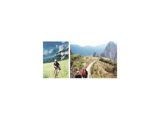 Trekking por el Camino del Inca, tradicional circuito que une a la ciudad de Cuzco con la ciudadela sagrada de Machu Picchu (arriba). Perú es también un destino ideal para los ciclistas (izquierda).