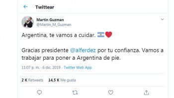 El mensaje del pr&oacute;ximo ministro de Econom&iacute;a, Mart&iacute;n Guzm&aacute;n.