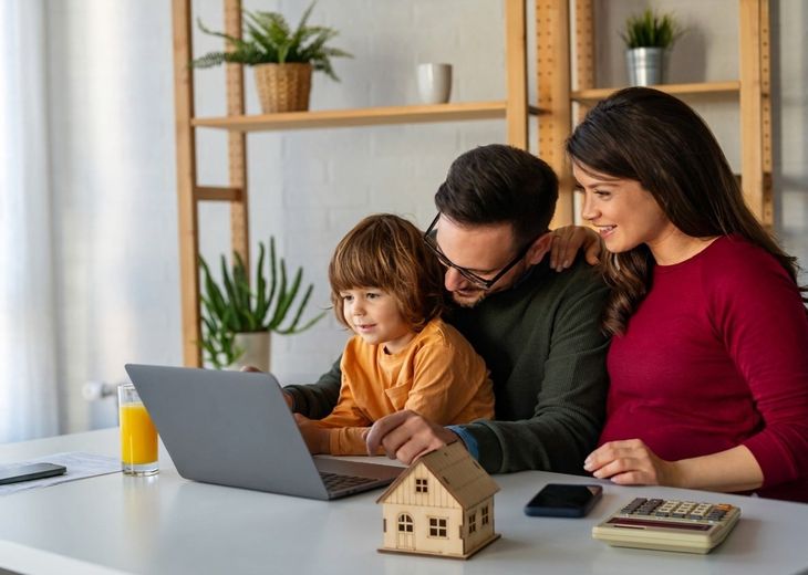 Una familia analiza opciones de crédito hipotecario frente a la computadora, con las tasas como variable clave que define el acceso a la vivienda propia Una familia analiza opciones de crédito hipotecario frente a la computadora, con las tasas como variable clave que define el acceso a la vivienda propia