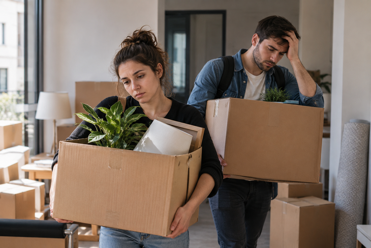 Una pareja se muda en busca de una vivienda más económica, con preocupación por los gastos y el esfuerzo que implica dejar su hogar para reducir el costo mensual del alquiler Una pareja se muda en busca de una vivienda más económica, con preocupación por los gastos y el esfuerzo que implica dejar su hogar para reducir el costo mensual del alquiler