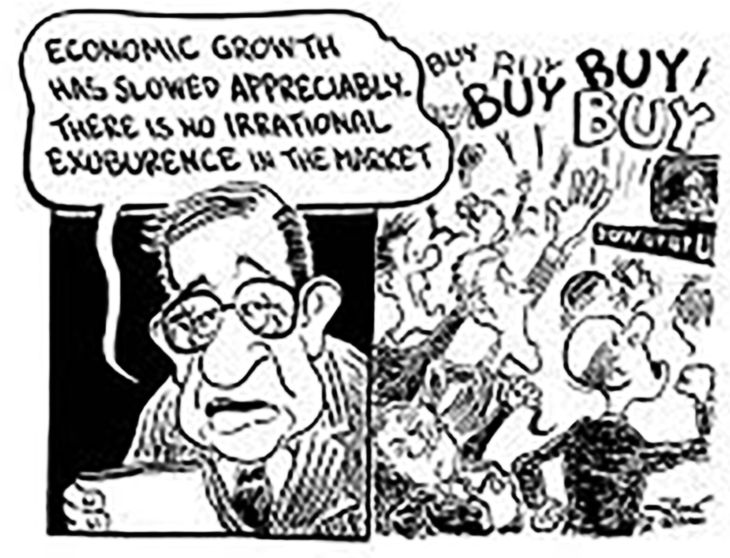La confianza tiene muchas caras. El 5 de diciembre de 1996 Alan Greenspan apeló a la idea de la exuberancia Irracional, para tratar de frenar la manía del mercado bursátil por las “dot.com”. Solo recalentó las cosas y cuando explotó la burbuja entre marzo y octubre de 2002 el Nasdaq se desplomó 78%. La confianza tiene muchas caras. El 5 de diciembre de 1996 Alan Greenspan apeló a la idea de la exuberancia Irracional, para tratar de frenar la manía del mercado bursátil por las “dot.com”. Solo recalentó las cosas y cuando explotó la burbuja entre marzo y octubre de 2002 el Nasdaq se desplomó 78%.