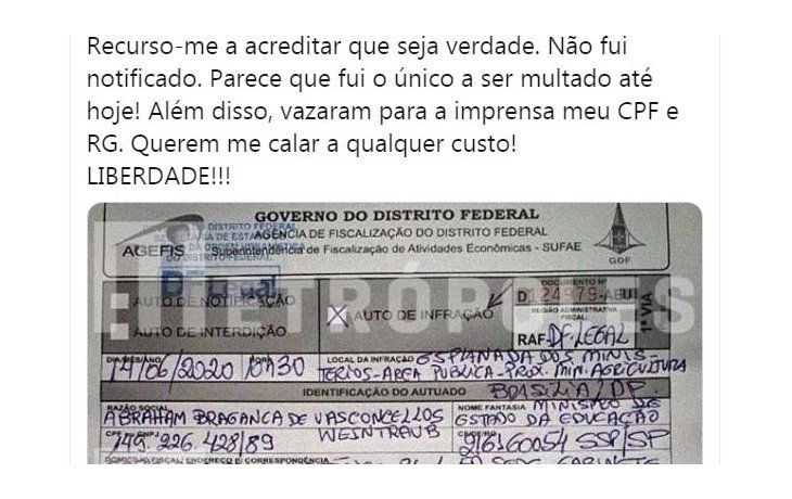 Multaron al ministro de Educación de Brasil por andar sin barbijo