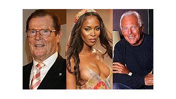 Roger Moore, Naomi Campbell y Giorgio Armani.