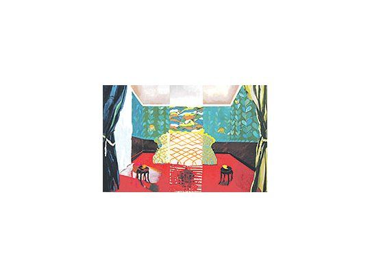 Una muestra del arte de Alejandra Seeber, coloridas pinturas que representan cuartos, algunos de los cuales delatan que puede haber ocurrido una tragedia.