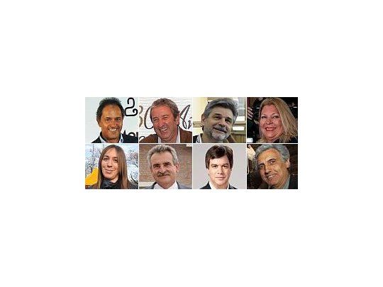 Arriba: Daniel Scioli, Julio Cobos, Daniel Filmus, Elisa Carrió. Abajo: María Eugenia Vidal, Agustín Rossi, Roy Cortina, Carlos Raimundi.
