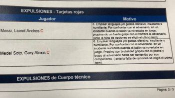 El informe del árbitro paraguayo sobre la expulsión de Messi.