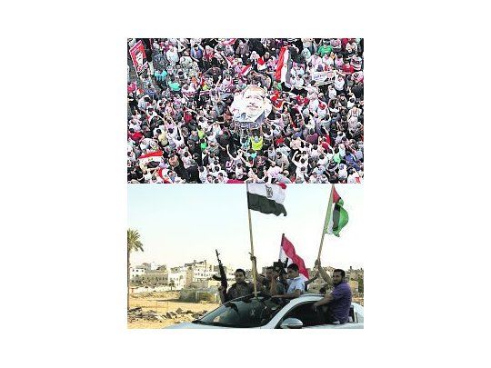 El triunfo de la Hermandad Musulmana desató la euforia de los simpatizantes islamistas en Egipto (arriba). Los milicianos de Hamás, convencidos de que el nuevo Gobierno islamista aliviará el bloqueo del territorio, reaccionaron con similar entusiasmo (abajo).