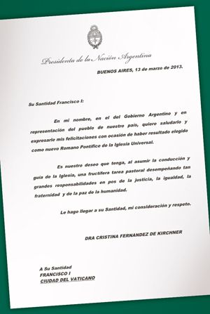 Copia de la carta de felicitación que Cristina de Kirchner le envió al cardenal Jorge Bergoglio
