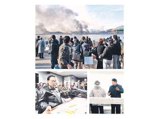 Arriba, turistas de Corea del Sur muestran el humo que emana tras el impacto de misiles en la isla de Yeonpyeong. El desafiante dictador de Pyongyang, Kim Jong Il, se dejó ver el lunes en un criadero de peces. Ayer, el presidente de Surcorea visitó el Comando Conjunto del Ministerio de Defensa, en Seúl.